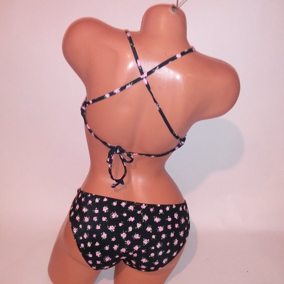 Victoria Secret PINK Swim Bikini Top & Bottom Black Pink Floral Wrap Halter Remo - Picture 7 of 12